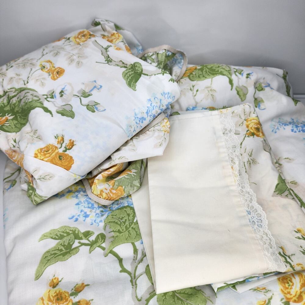 Vintage Full Sheet Set 4pc Yellow Rose Floral Blue Hydrangea Lace Trim Bedding